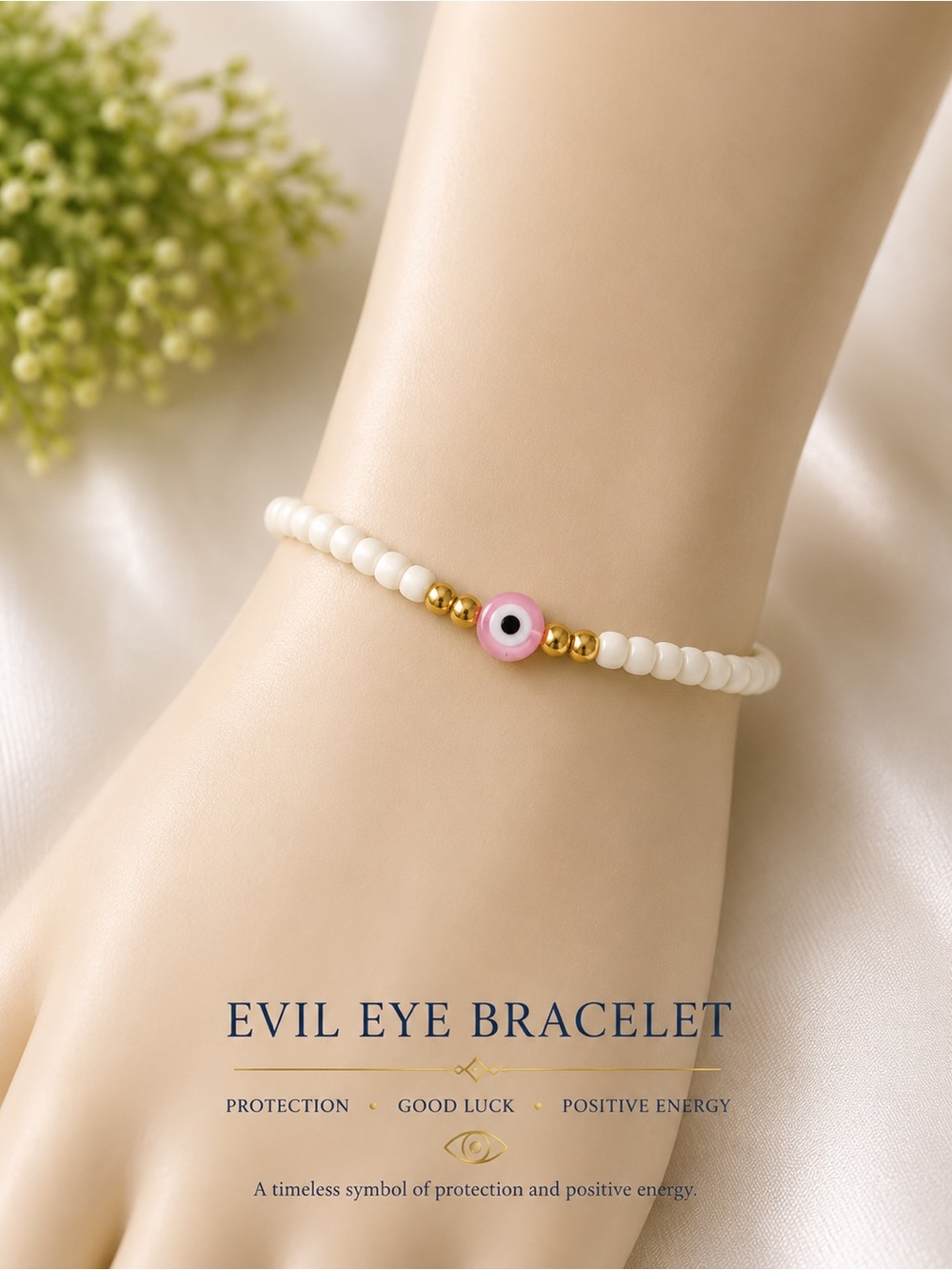 Evil Eye Beaded Bracelet - Pink & White #21